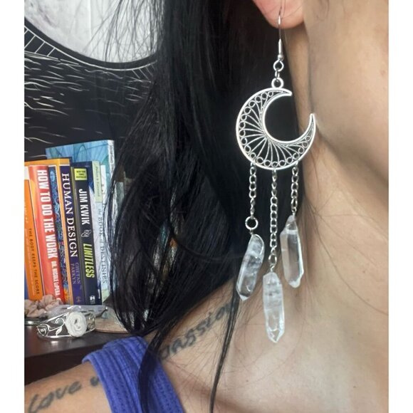 Celestial! Triple Clear Quartz Moon Chandelier Earrings! - Picture 8 of 8